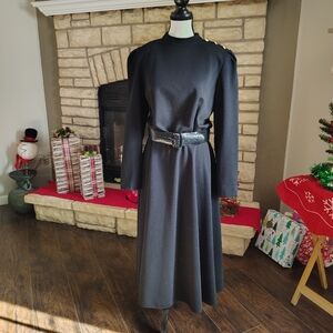 Vintage Leslie Fay Black Long Sleeve Dress with Belt Size 14